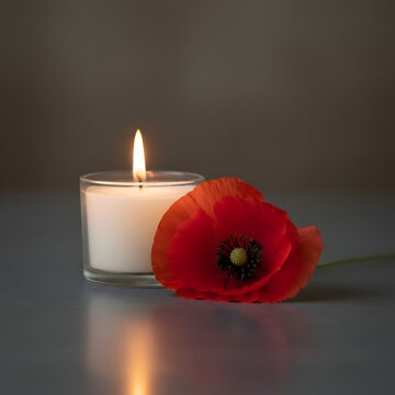 Quiet poppy tribute with warm candle-glow on dark background