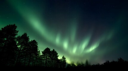 A vibrant green Aurora Borealis dances across the starry night sky above a dark forest silhouette