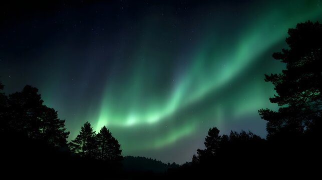 Ethereal green Aurora Borealis lights dance vibrantly over a dark silhouetted forest landscape under a star filled night sky - Powered by Adobe