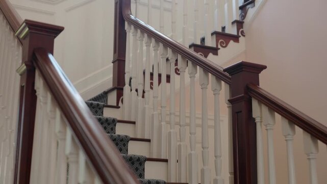 White rails and dark wood curve up in quiet space. Soft wall color and smooth lines make stairs feel warm and classic. Scroll shapes add gentle touch to design.