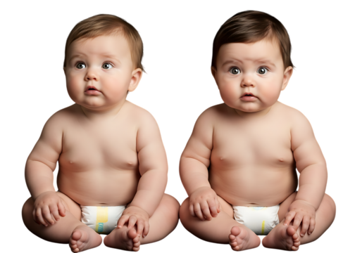 Adorable twin babies with curious expressions sitting against a black background