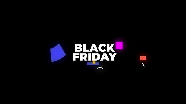 black friday colorful animated neon shapes, energetic glowing geometric neon animations, dynamic colorful electronic neon visuals featuring flashing geometric shapes and lively flickering effects