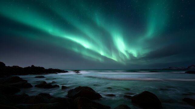 Vibrant green aurora borealis illuminates the night sky above a rocky ocean coast - Powered by Adobe