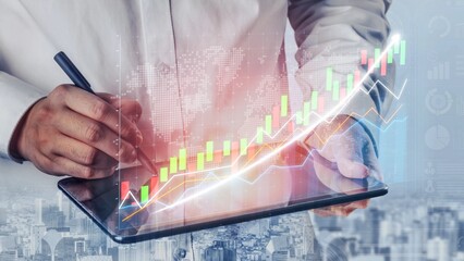 A business professional uses a digital tablet to analyze trends in financial data, enhancing decision-making processes with visual representation of key metrics. Copula