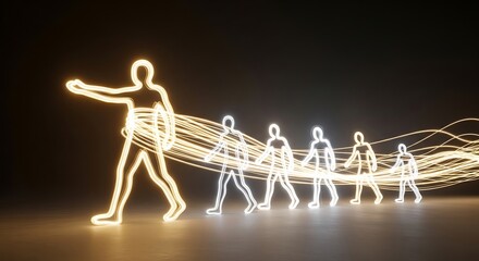 A luminous leader figure guides a team of followers along a glowing path, symbolizing progress and digital transformation