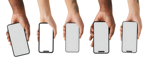 Diverse hands holding smartphones with blank white screens in a row mobile phones blank screens