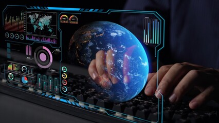 High-tech global network connection interface showing worldwide digital communication, data exchange, and internet connectivity. Global connection, data interaction, and worldwide communication. Thunk