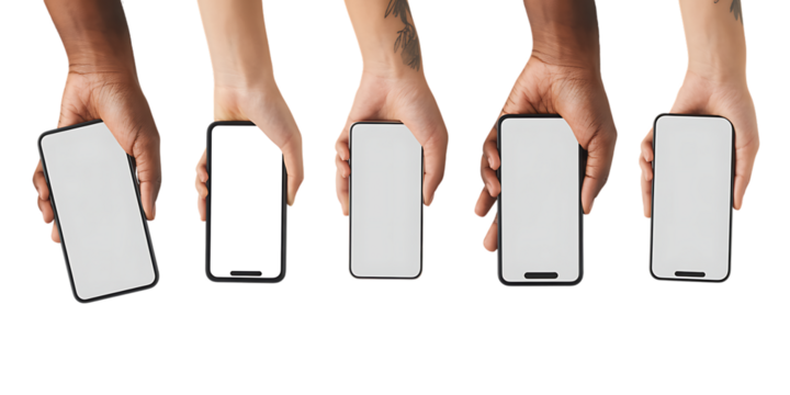 Diverse hands holding smartphones with blank white screens in a row mobile phones blank screens