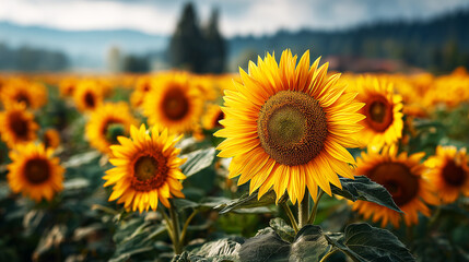 Fototapeta premium Bright sunflowers bloom in the field under soft light of a summer day and blue sky. 