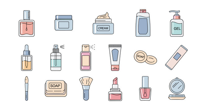 Collection of flat line icons representing various cosmetic and personal care products, including perfume bottles, cream jars, shampoo, gel dispensers, soap bars, makeup brushes, lipstick, nail