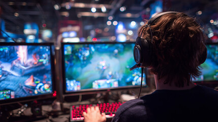 E Sports in Match, pro gamer team with male, wearing headphones, playing esports game on computer, global online streaming	