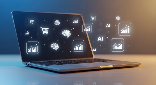 Laptop displaying AI, shopping cart, and graph icons, representing digital business and data analysis