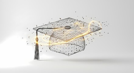 3D wireframe graduation cap with glowing particles and dynamic light effects on a minimalist background