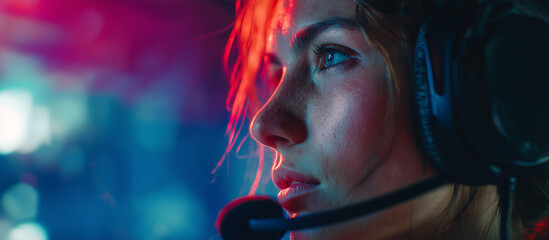 E Sports in Match, pro gamer team with male, wearing headphones, playing esports game on computer, global online streaming	