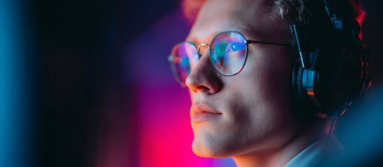 E Sports in Match, pro gamer team with male, wearing headphones, playing esports game on computer, global online streaming	