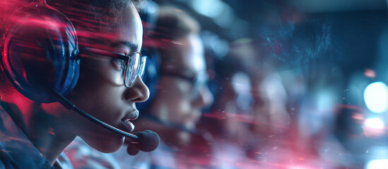 E Sports in Match, pro gamer team with male, wearing headphones, playing esports game on computer, global online streaming	