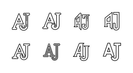 Set of eight unique AJ monogram logos and letter designs, presented as clean line art on a white background, ideal for branding, graphic design, and digital applications, offering a versatile
