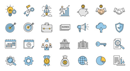 Fototapeta premium Vivid Outline Icon Collection for Business, Entrepreneurship, and Startups: Editable Stroke Vector Graphics Perfect for Infographics, Articles, Books, Flyers, and Banners