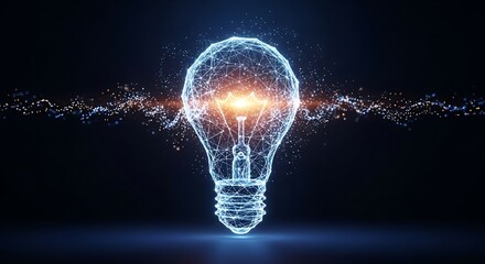 Illuminated digital light bulb glowing with interconnected network lines, symbolizing innovative ideas, technological advancement, and global connectivity in a futuristic concept