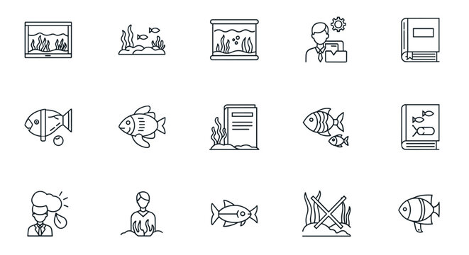 Collection of simple thin line icons representing aquariums, fish, underwater plants, books about marine life, and people interacting with aquatic environments, perfect for web, apps, and educational