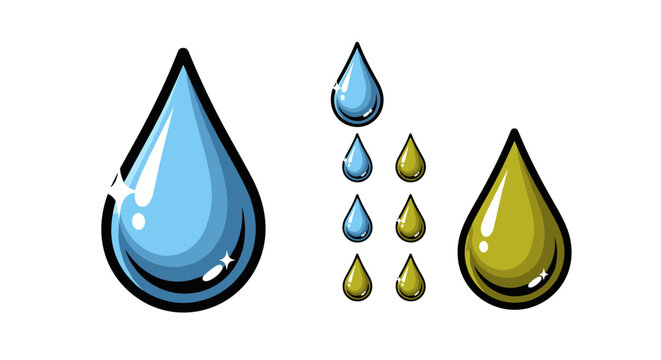 Set of stylized water drops and olive oil drops, presented in a cartoon vector illustration style with a clean white background, perfect for logos and business card designs, emphasizing purity and
