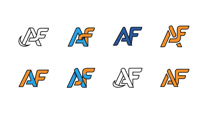 Set of eight creative AF letter logo designs, featuring a blend of modern and abstract styles with a clean white background, perfect for branding and corporate identity, showcasing versatility in