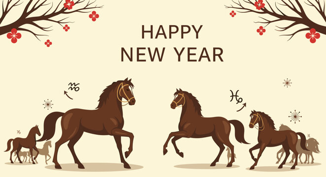 Happy New Year greeting card featuring a herd of brown horses in various poses, symbolizing the Year of the Horse, with decorative elements like blooming branches and astrological symbols, perfect
