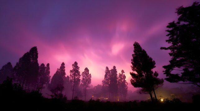 Mystical twilight sky with vibrant pink and purple hues over a misty forest of silhouetted trees