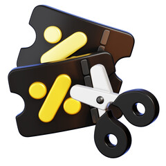 Black and Gold Discount Coupon Being Cut by Scissors, Voucher for Price Reduction. 3D Rendering