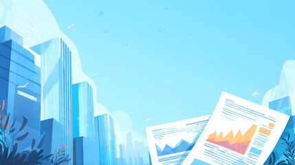Business growth charts in modern city background illustration