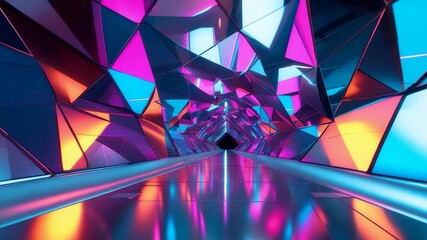 Vibrant geometric tunnel with glowing prism walls reflecting neon blue and magenta light creating a colorful abstract mirror corridor - Powered by Adobe