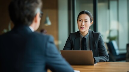 A professional business meeting in a modern office. Two individuals engage in a constructive conversation with a laptop on the table.