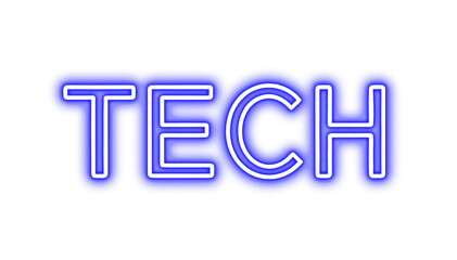 Neon typography of 'TECH' with blue glow, futuristic style, isolated on transparent background