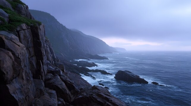 Rugged jagged cliffs dominate a dramatic coastline where turbulent ocean waves crash against rocks under a misty overcast twilight sky