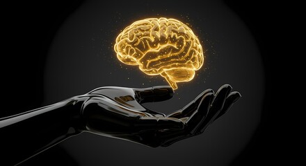 A futuristic black hand delicately holds a glowing golden brain, symbolizing innovation and intelligence