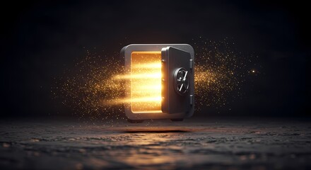 A futuristic safe bursting with golden light, surrounded by a dark, textured environment, symbolizing wealth