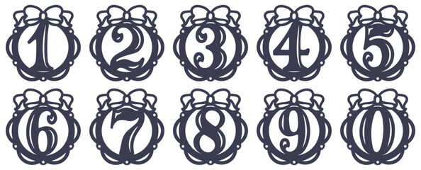 Vector laser cut template. Christmas ball ornaments with numbers and bows. Perfect for cake toppers, birthdays, New Year, and anniversaries. For paper, wood, acrylic, and plastic. Cnc silhouette.