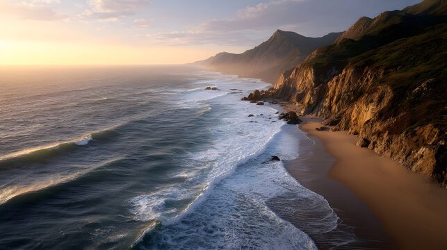 Dramatic coastal cliffs bathed in golden hour light with ocean waves crashing onto a sandy beach