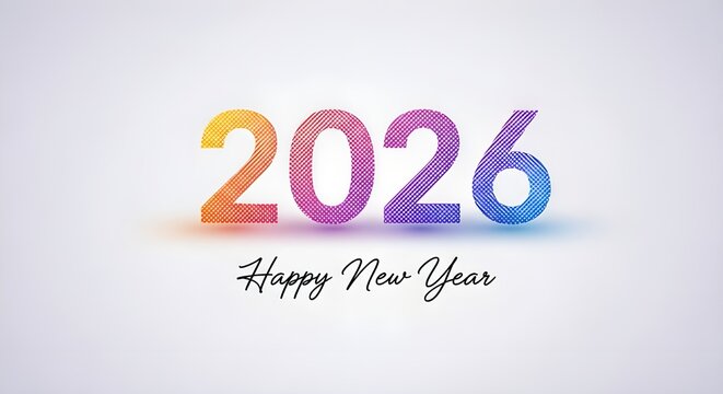 Colorful abstract 2026 numbers with a happy new year greeting on a light background