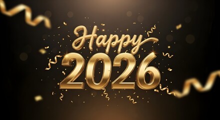 Elegant golden 2026 text with swirling confetti and ribbons on a dark background celebrating the new year