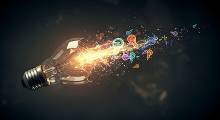 A glowing light bulb bursting with colorful musical notes and symbols, symbolizing creativity and inspiration