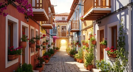 Fototapeta premium Charming Mediterranean Alleyway with Colorful Buildings, Blooming Flowers, and Cobblestone Path