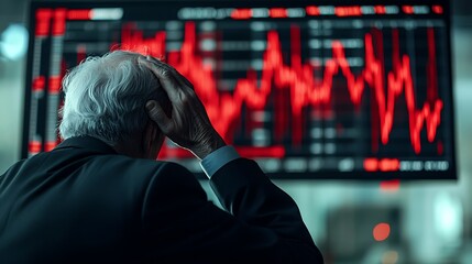 Man with head in hand watches red stock market crash on screen in dark office setting at night