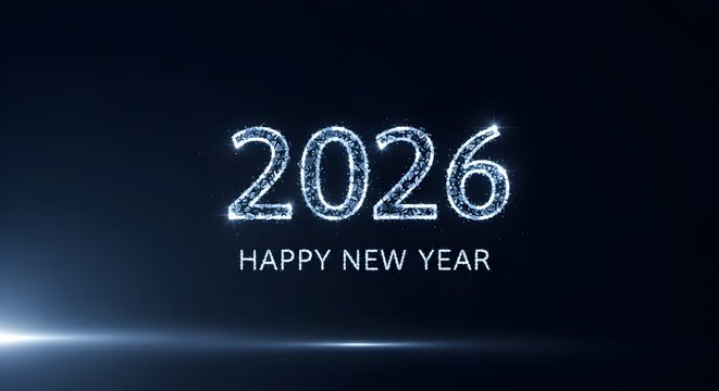 Glowing digital numbers 2026 and happy new year text with bright light flare on dark background