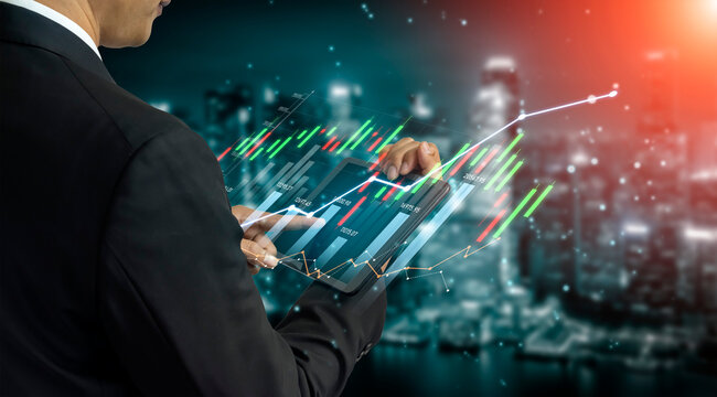 A business professional analyzes dynamic financial data on a tablet, showcasing stock market trends amidst a vibrant city backdrop, symbolizing modern investment strategies. Scalp