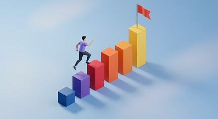 A person running up colorful bar graphs towards a flag, symbolizing growth and achievement