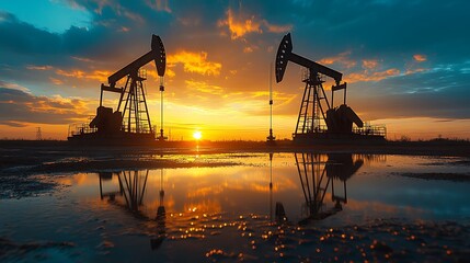 Two oil pumps silhouetted against a vibrant sunset reflecting in a body of water at dusk time