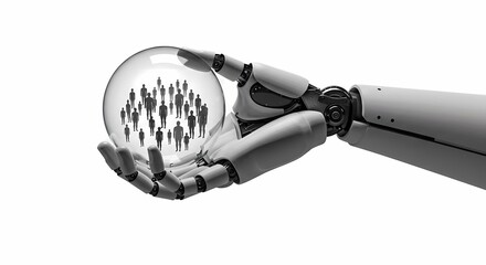 A robotic hand holding a transparent sphere containing silhouettes of people, symbolizing technology's impact on society