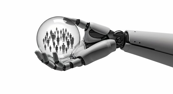 A robotic hand holding a transparent sphere containing silhouettes of people, symbolizing technology's impact on society - Powered by Adobe
