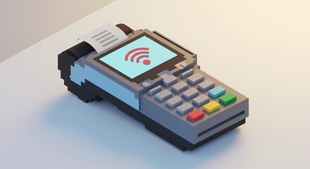 A stylized, pixelated payment terminal with a receipt printer, showcasing modern transaction technology